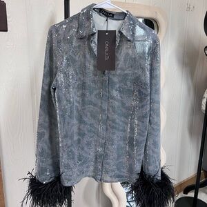 NWT Onalaja Sequin Top with Feather Cuffs